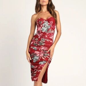 NWT Lulus Midnight in Miami Red Tropical Print Ruched Bodycon Midi Dress Size S